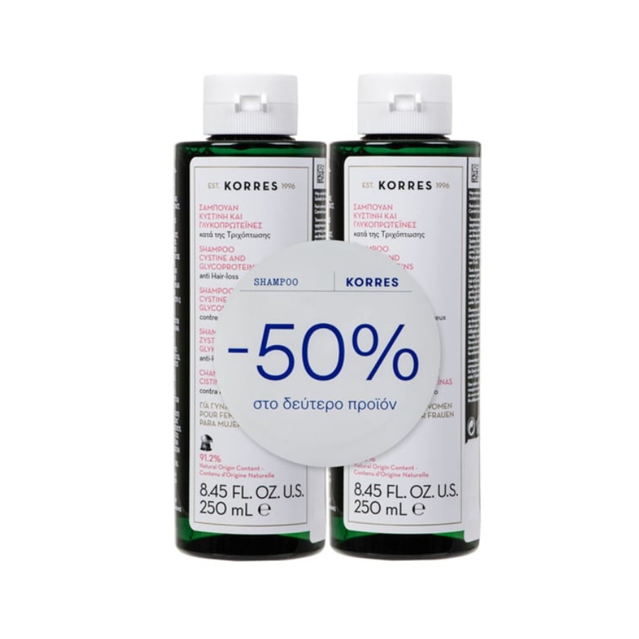 Korres Promo (50% στο Δεύτερο Προϊόν) Σαμπουάν κατά της Τριχόπτωσης με Κυστίνη & Γλυκοπρωτεΐνες για Γυναίκες, 2x250ml