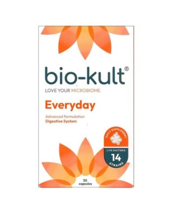 Bio-Kult Everyday Το Bio-Kult® περιέχει 14 στελέχη ζωντανών φιλικών βακτηρίων που αποδεδειγμένα επιβιώνουν στην υψηλή οξύτητα του γαστρικού περιβάλλοντος. Πότε χρησιμοποιείται το Bio-Kult: Για την καθημερινή υποστήριξη του γαστρεντερικού συστήματος. Όταν πρόκειται να ταξιδέψετε, για την εύρυθμη λειτουργία του γαστρεντερικού συστήματος. Παράλληλα με αντιβιοτική αγωγή. Πώς λειτουργεί: Η λειτουργία του γαστρεντερικού συστήματος διαταράσσεται από ποικίλους παράγοντες (άγχος, ταξίδια, κακή διατροφή, κ.α.). Τα ζωντανά φιλικά βακτήρια που περιέχονται στο Bio-Kult® διαδραματίζουν καθοριστικό ρόλο στη φυσιολογική λειτουργία και την ενίσχυση του ανοσοποιητικού και γαστρεντερικού συστήματος. Γιατί να επιλέξετε το Bio-Kult: Καινοτόμα σύνθεση με 14 στελέχη ζωντανών φιλικών βακτηρίων. Εγγυημένα σταθερός αριθμός βακτηρίων μέχρι την ημερομηνία λήξης. Ελάχιστη ποσότητα ζωντανών βακτηρίων: 2 δισεκατομμύρια ανά κάψουλα (2*109 CFU/κάψουλα. Χωρίς τεχνητά χρώματα ή αρώματα. Χωρίς την ανάγκη συντήρησης στο ψυγείο. Χωρίς γλουτένη. Κατάλληλο για παιδιά και έγκυες γυναίκες. Κατάλληλο για vegeterians. ΧΡΗΣΗ Ενήλικες και παιδιά άνω των 12 ετών: 2 κάψουλες 1-2 φορές την ημέρα με το φαγητό. Παιδιά 3 – 11 ετών: 1-2 κάψουλες την ημέρα μετά το φαγητό. Για άτομα που πρόκειται να ταξιδέψουν: 2 κάψουλες την ημέρα μετά το φαγητό, 2 εβδομάδες πριν την αναχώρηση. Κατά τη διάρκεια του ταξιδιού, 4 κάψουλες την ημέρα με το φαγητό. Για άτομα που λαμβάνουν αντιβιοτικά: 4 κάψουλες την ημέρα μετά το φαγητό, κατά προτίμηση σε διαφορετική ώρα από τη λήψη των αντιβιοτικών. Η αγωγή θα πρέπει να συνεχιστεί για 2 εβδομάδες μετά το πέρας της αντιβιοτικής αγωγής. οι κάψουλες μπορούν να ληφθούν με νερό ή να ανοιχθούν και το περιεχόμενο να αναμειχθεί με το φαγητό ή με νερό/χυμό. δεν υπάρχει κίνδυνος υπερδοσολογίας. ΣΥΣΤΑΤΙΚΑ Ζωντανές καλλιέργειες βακτηρίων: Bacillus subtilis PXN® 21TM Bifidobacterium bifidum® 23TM Bifidobacterium breve PXN® 25TM Bifidobacterium infantis PXN® 27TM Bifidobacterium longum PXN® 30TM Lactobacillus acidophilus PXN® 35TM Lactobacillus delbrueckii ssp. bulgaricus PXN® 39TM Lactobacillus casei PXN® 37TM Lactobacillus plantarum PXN® 47TM Lactobacillus rhamnosus PXN® 54TM Lactobacillus helveticus PXN® 45TM Lactobacillus salivarius PXN® 57TM Lactococcus lactis ssp. lactis PXN® 63TM Streptococcus thermophilus PXN® 66TM Κάθε κάψουλα περιέχει: 2 δισεκατομμύρια ζωντανά βακτήρια που ισοδυναμούν με 1×1010 CFU / g Λοιπά συστατικά: Κυτταρίνη (παράγοντας διόγκωσης) Φυτική κάψουλα (υδροξυπροπυλική μεθυλοκυτταρίνη) Γάλα και σόγια – χρησιμοποιούνται στη διαδικασία ζύμωσης. Το περιεχόμενο σε γάλα είναι σε τέτοια επίπεδα ώστε να μην επηρεάζει άτομα με δυσανεξία στη λακτόζη
